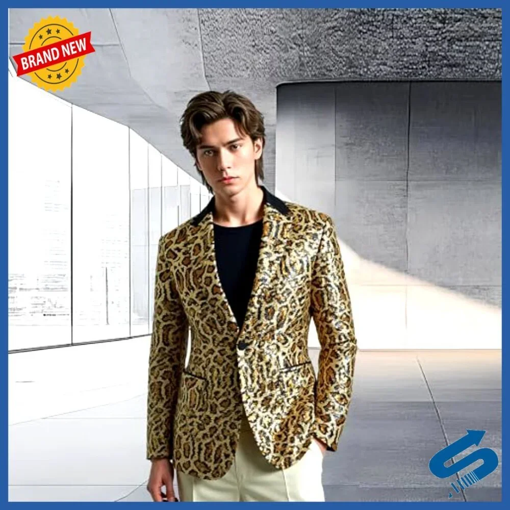 Men's Sequin Blazer Leopard Print Glitter Tuxedo Jacket Party Prom